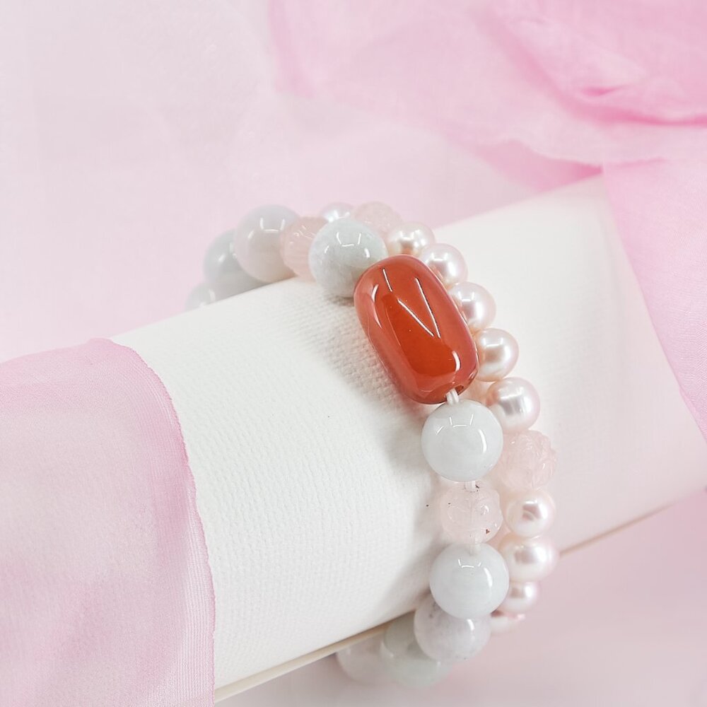 Jade Bracelet Set of 2, Genuine Jade w/Red Agate & Blush Pearls, Quiet Luxury